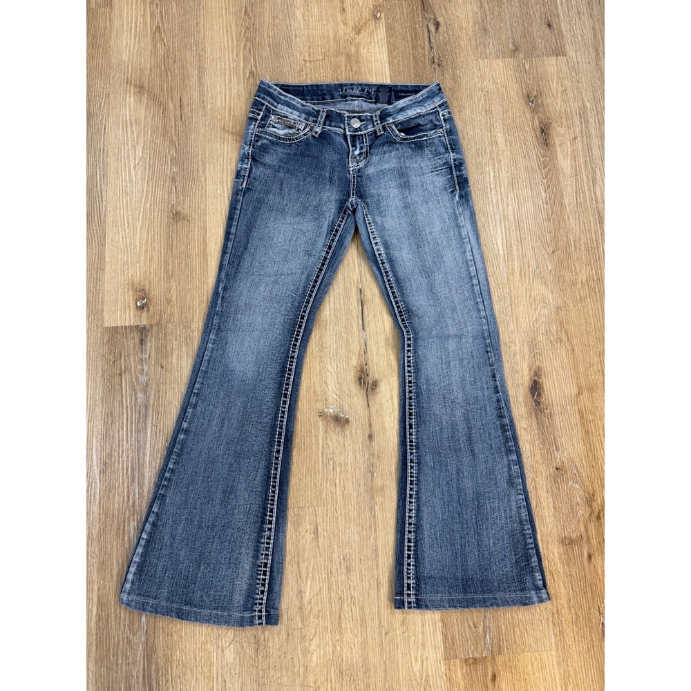 Wishful Park Fionna Flare Jeans Womens 5 Blue Low Rise Thick Stitch Y2K‎ Boho
